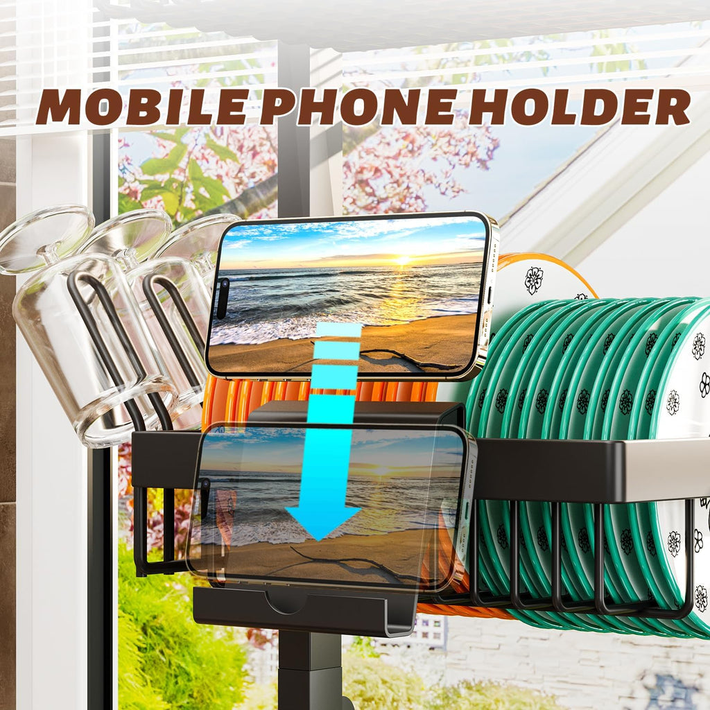 3-Tier Over Sink Dish Draining Rack, Adjustable Width and Height, with Phone Holder, Cup Holder