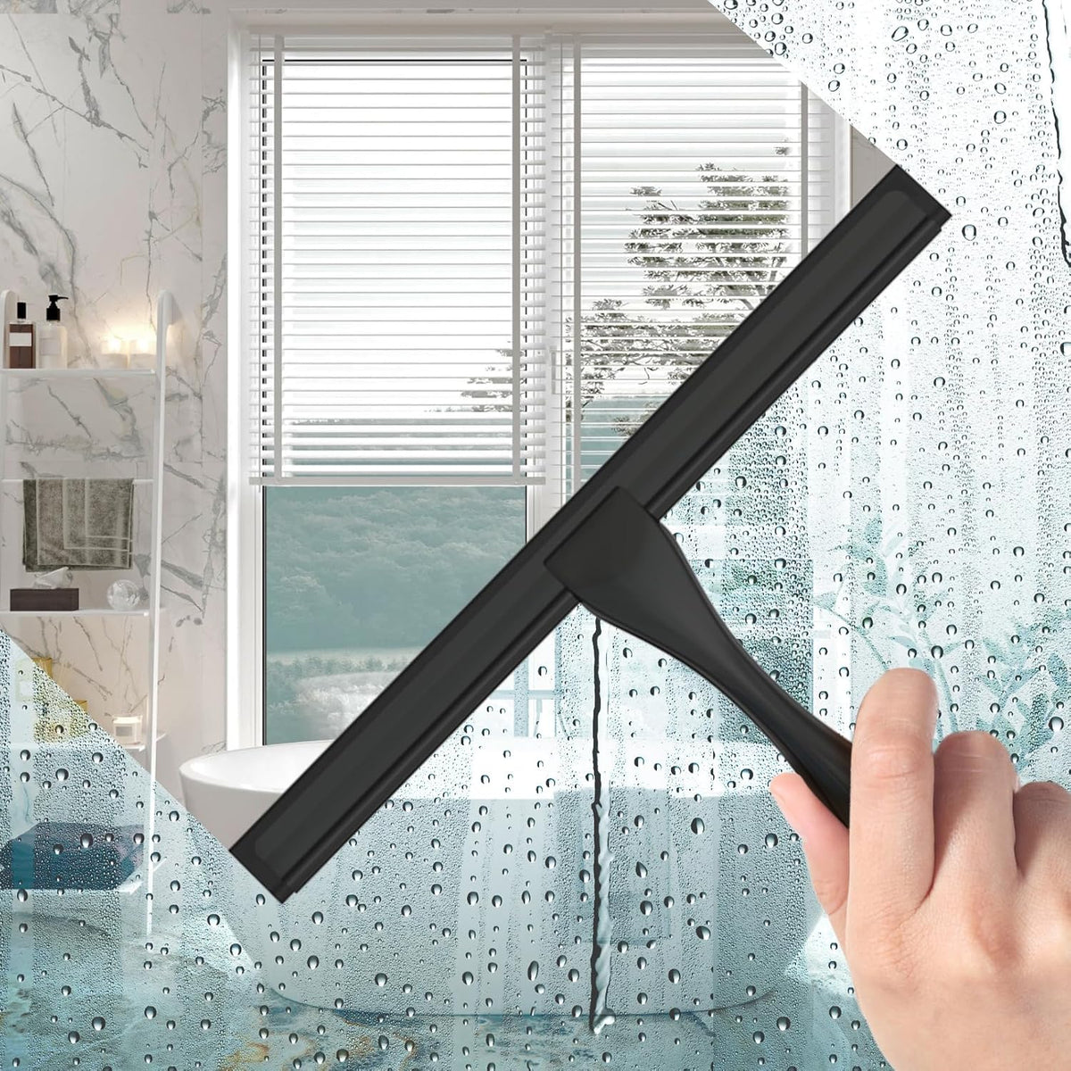 All-Purpose Stainless Steel Shower Squeegee for Glass Doors with Adhesive Hooks, Squeegee for