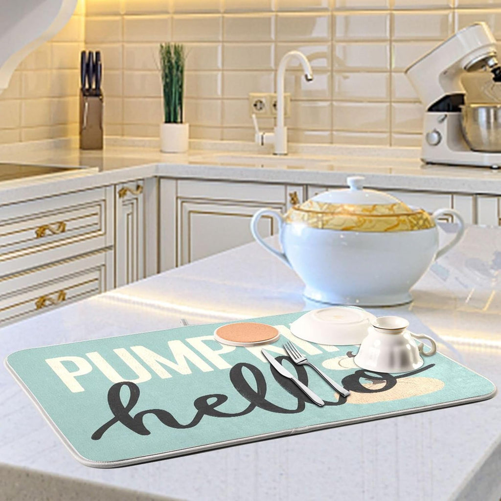 Hello Pumpkin Turquoise Fall Dish Drying Mat for Kitchen Countertop 16x18 Aqua Teal Autumn Small