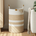 75L Striped Laundry Hamper with Leather Handles,Large Foldable Laundry Basket for Clothes,Cotton