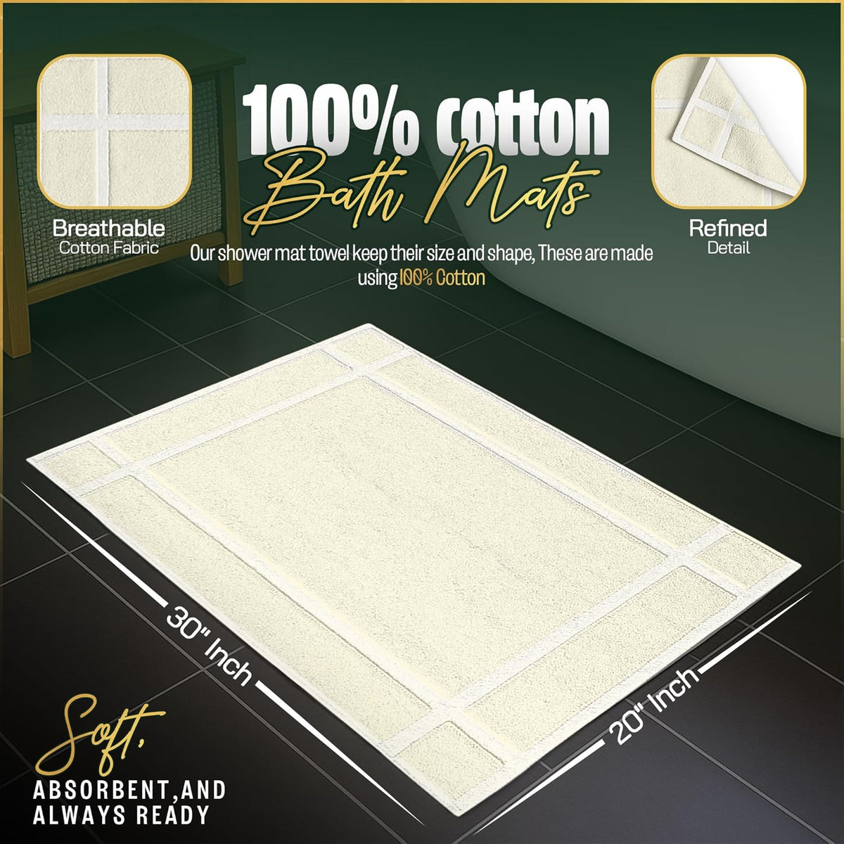 Pearl Linens Pack of 2 100% Cotton Bathmat 20x30 inches, Soft & Absorbent Quick Dry Bathroom Mat