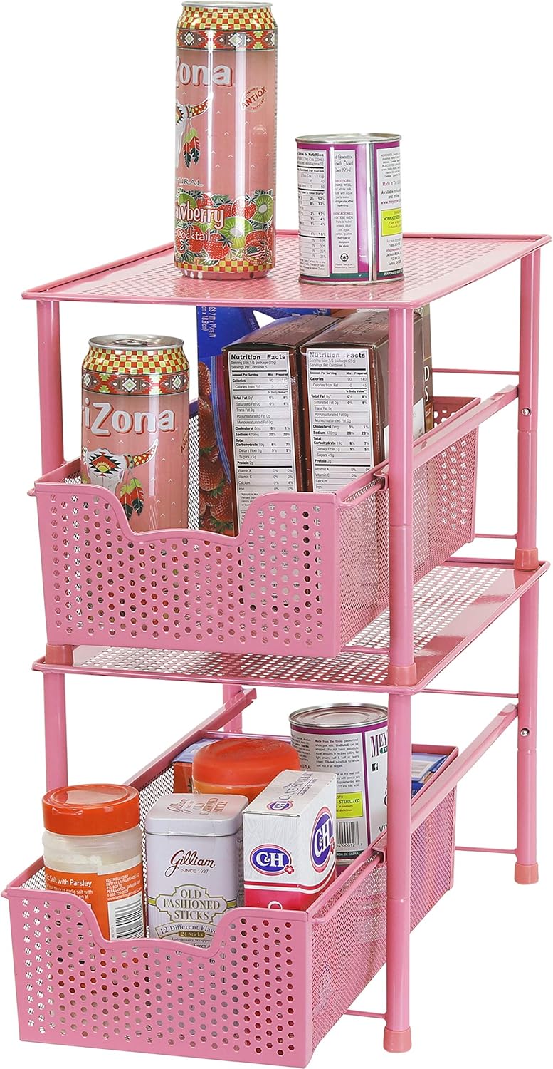 Simple Houseware Stackable Under Sink Cabinet Sliding Basket Organizer Drawer, Pink