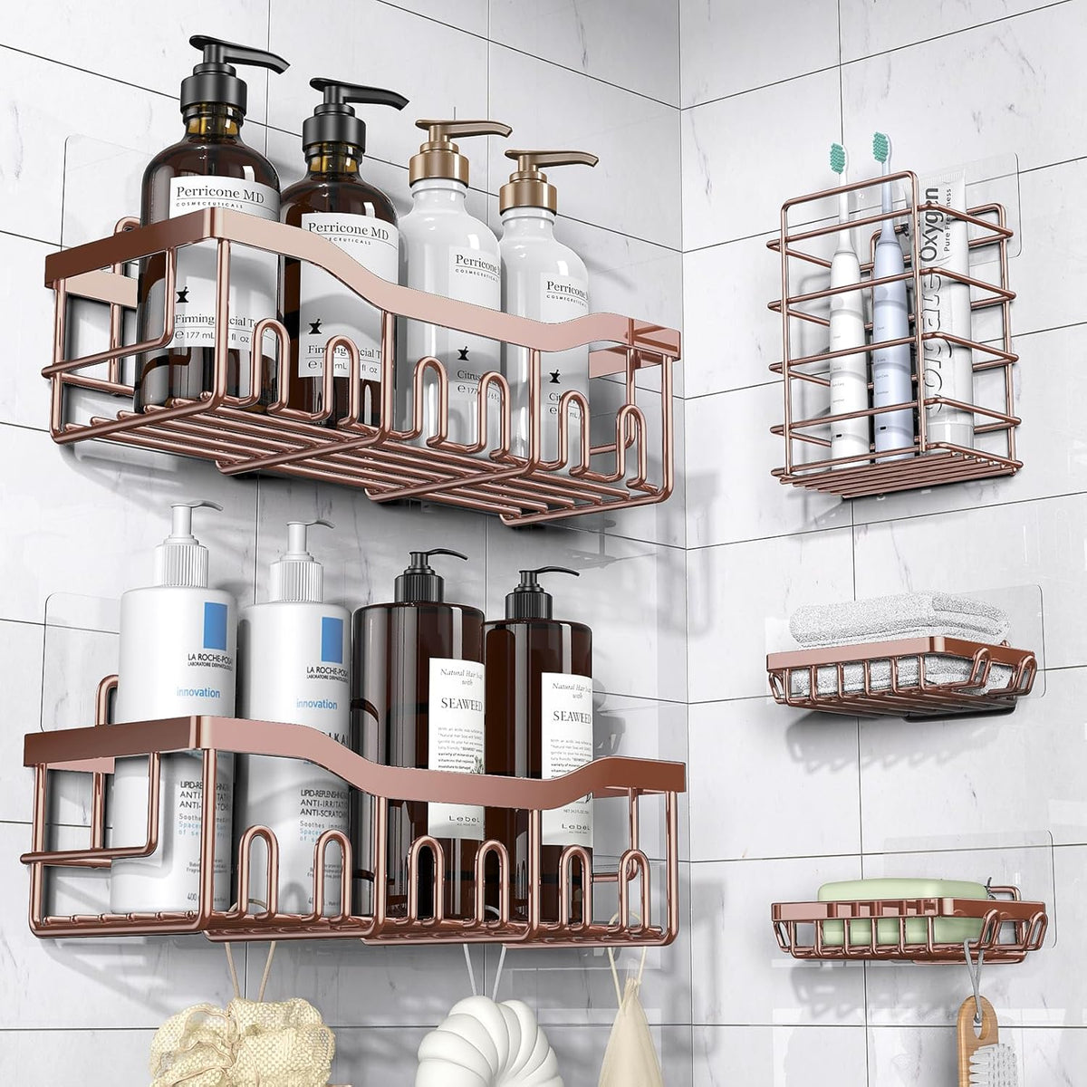 EUDELE 5-Pack Rustproof Stainless Steel Shower Caddy – No Drill Adhesive Bathroom Organizer with