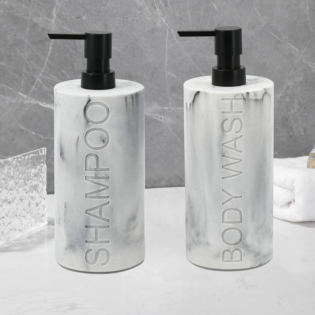 Marble Resin 2 Piece Shampoo and Body Wash Dispenser Set, Luxurious Refillable Pump Bottles with