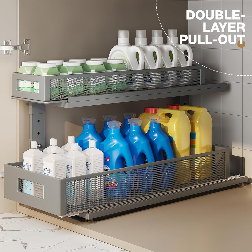 2 Pack 21.3IN-Depth Under Sink Organizer with Next-Gen Ball-Bearing Slides,2-Tier Pull Out Cabinet