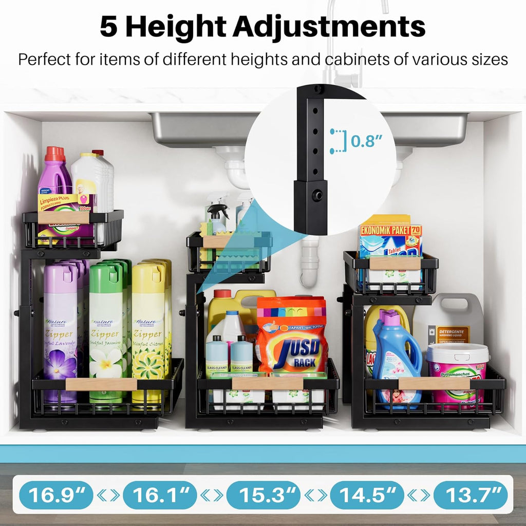 1 Packs 2 Tier Under Sink Organizers, Sliding Pull Out Cabinet Organizer Storage Shelf, Metal