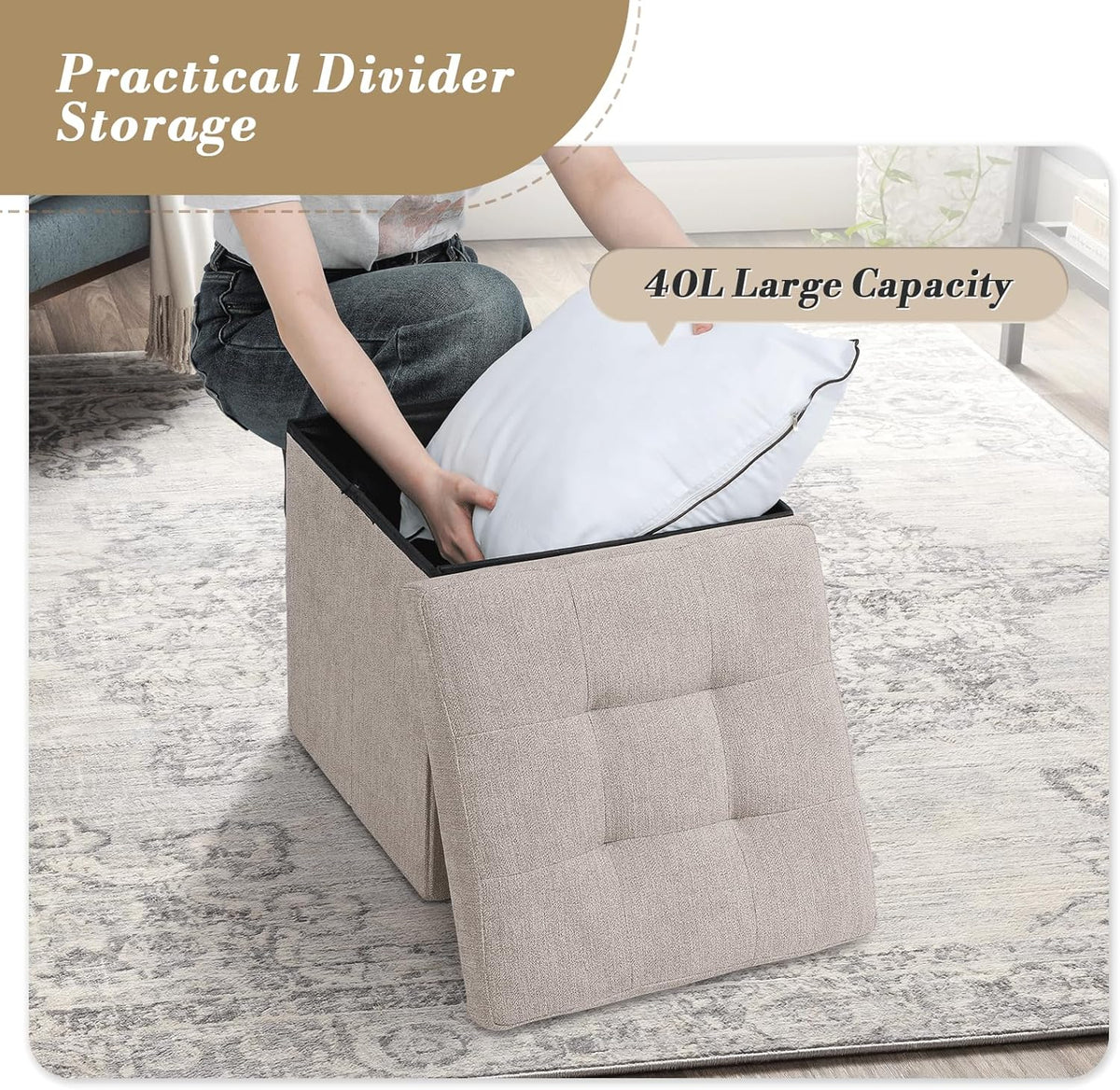 Athena Collection 15" Storage Ottoman Bench Folding Bench with 40L Hidden Storage, Small Cube