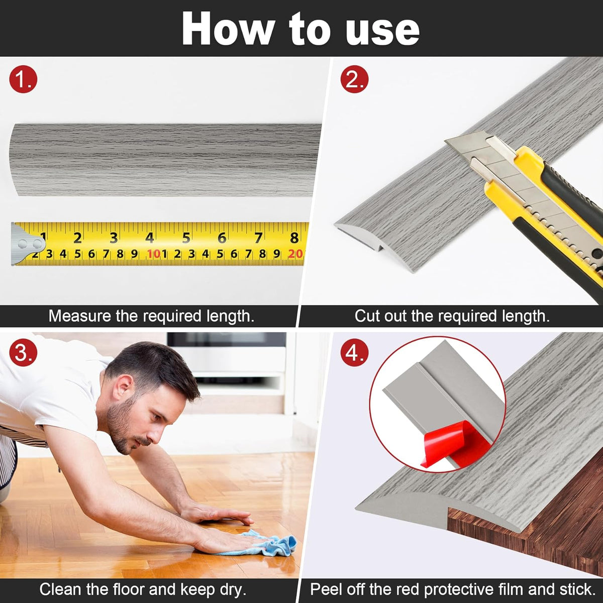 3.3Ft Carpet Floor Transition Strip, Self Adhesive Floor Edging Trim Strip, PVC Threshold Cover for