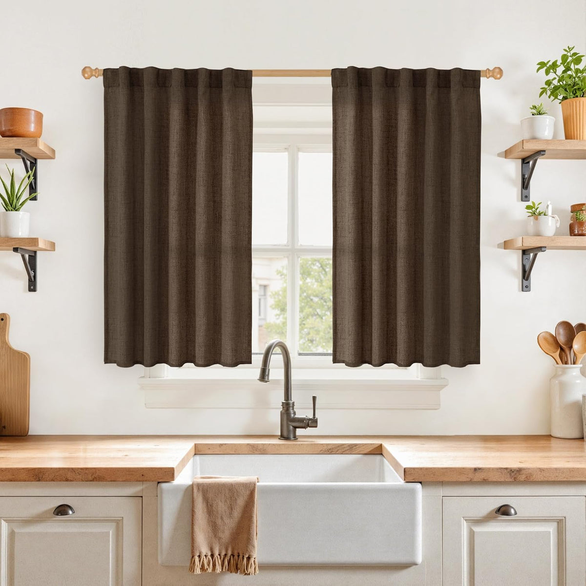 YoungsTex Brown Linen Curtains 48 Inches Long for Short Window, Light Filtering Drapes Privacy with