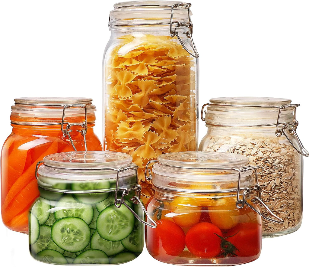 Multi Size - 5 Pack Square Glass Jars with Airtight Lid, Wide Mouth Mason Jars with Clamp Lids, Air