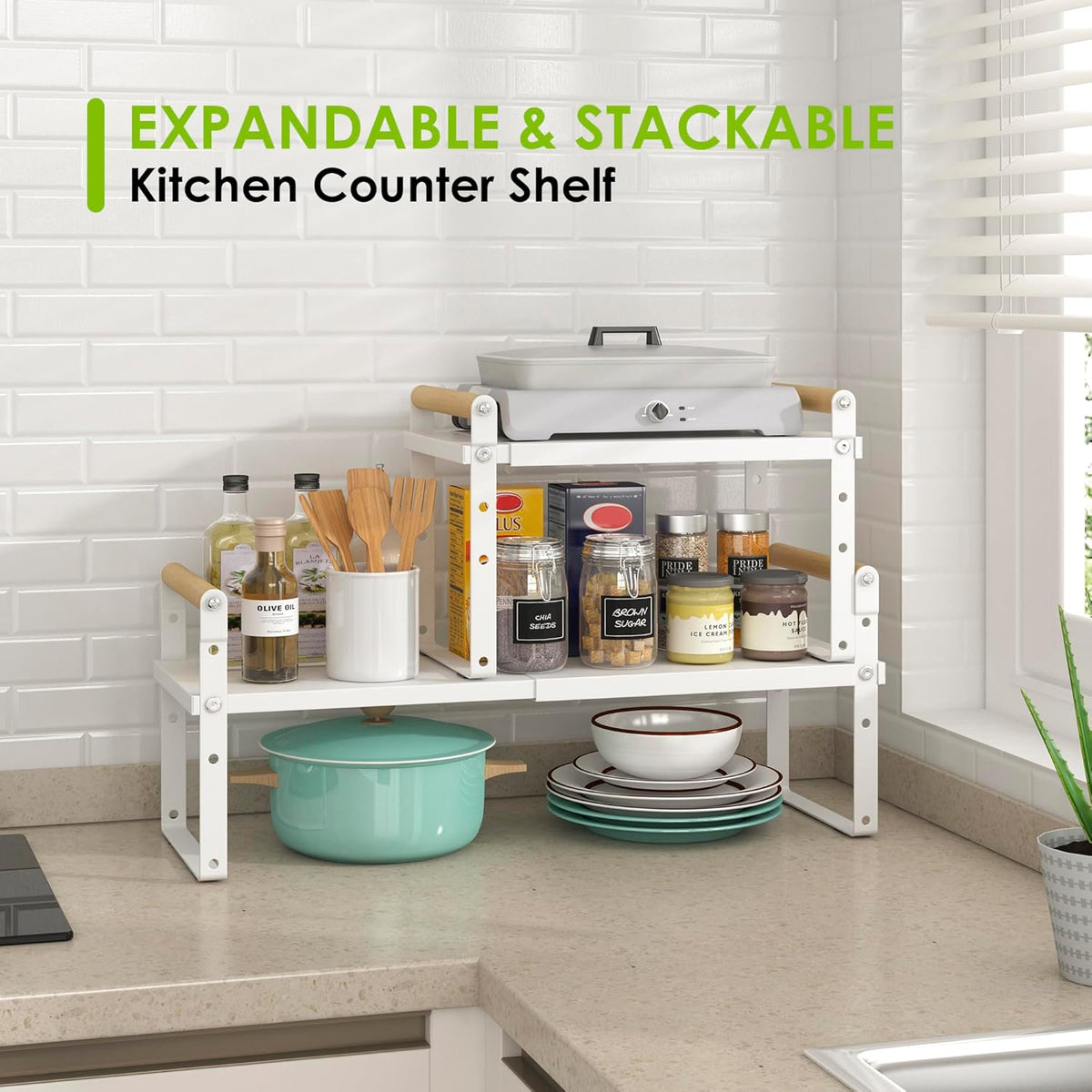 DOLALIKE Expandable kitchen Countertop Organizer, Stackable Cabinet Shelf Organizers, Space Saving
