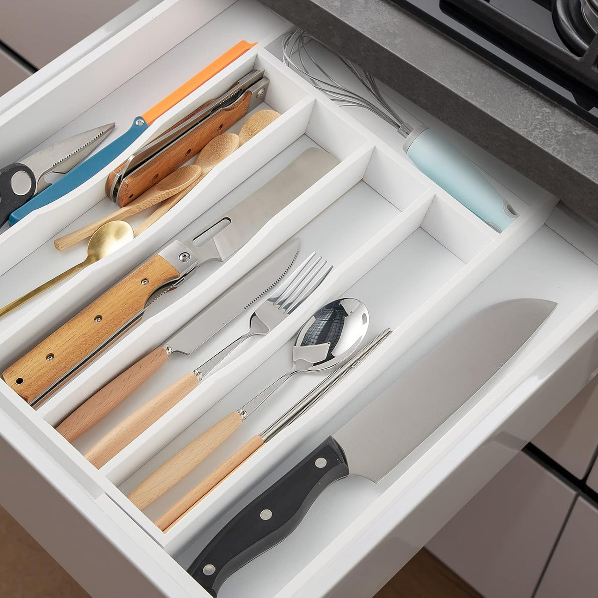 2-Piece Expandable Bamboo Kitchen Drawer Organizer for Cutlery and Utensils, Adjustable Bamboo Wood