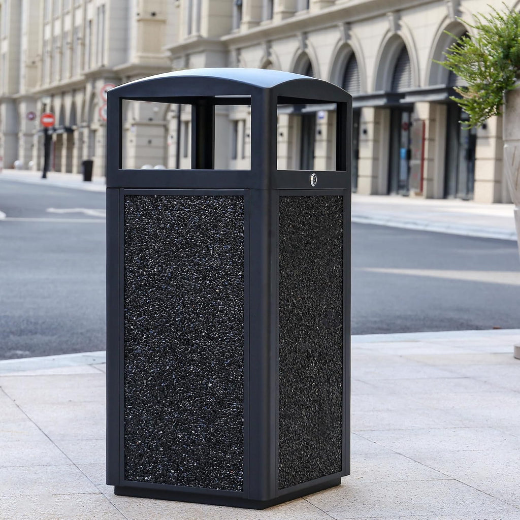 Commercial Metal Outdoor Trash Can with Lid, Lockable Outdoor Garbage Can with Nature Stone Panels