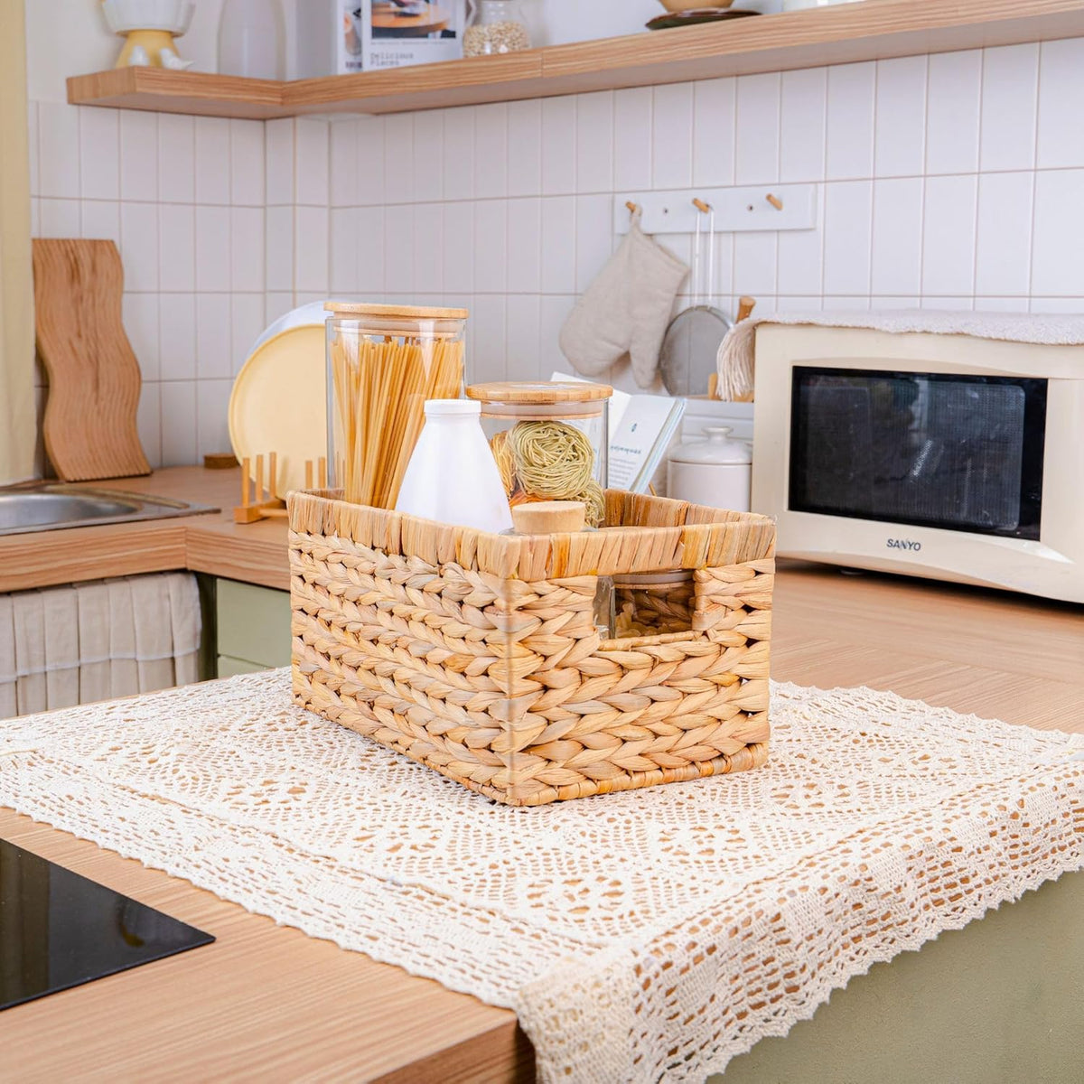 Set of 3 Water Hyacinth Storage Baskets – Wicker Baskets for Shelves, Decorative Woven Organizer