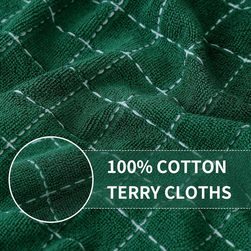Homaxy 100% Cotton Terry Kitchen Towels(Dark Green, 13 x 28 inches), Checkered Designed, Soft and