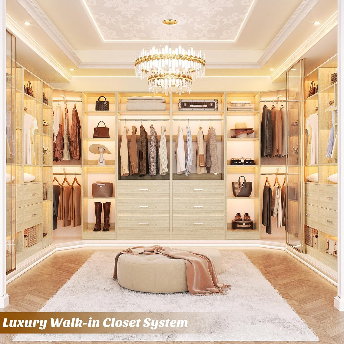 Corner Closet System with 5 Drawers, Closet Organizer System with 15+Shelvess & 4 Hanging Rods