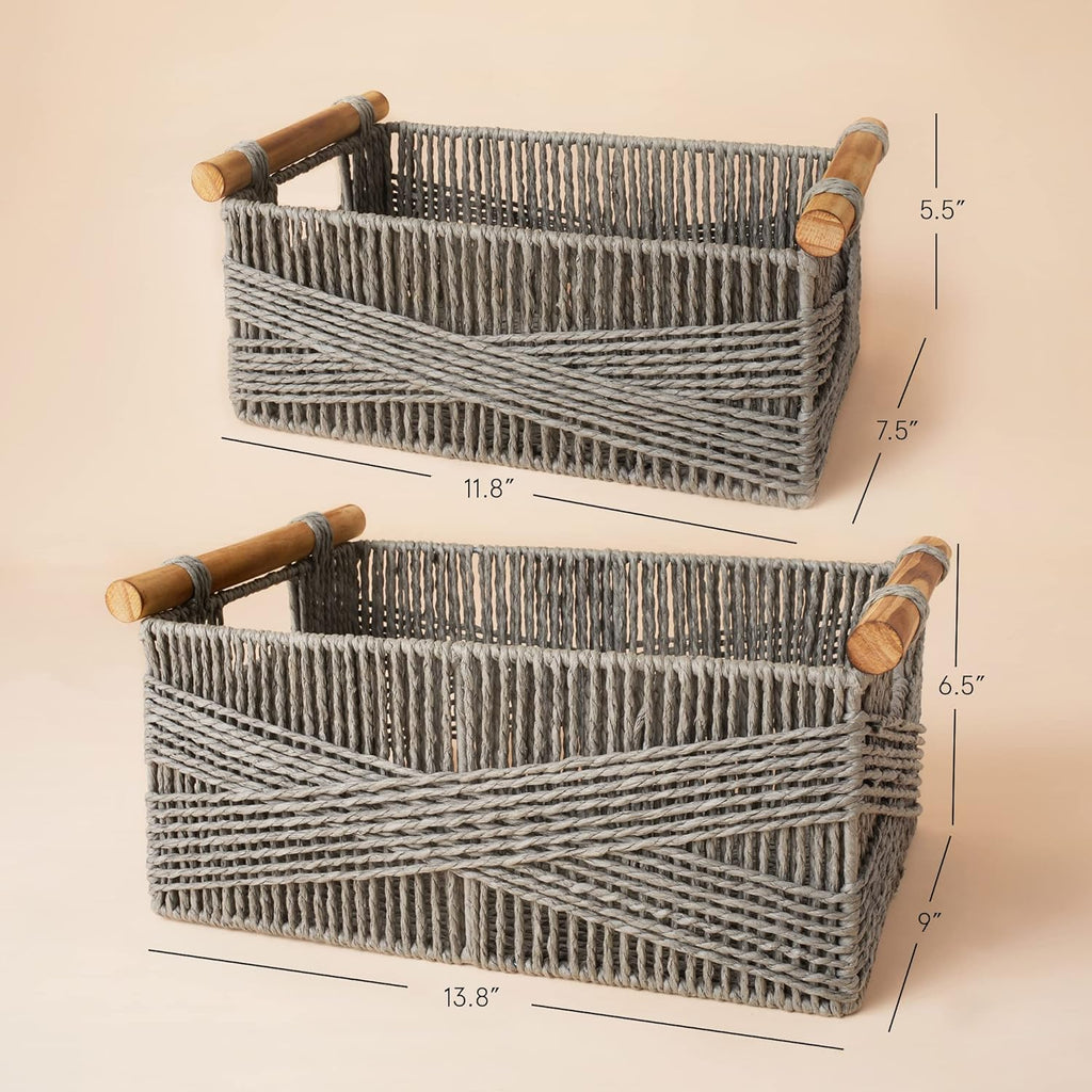 LA JOLIE MUSE Wicker Storage Baskets for Organizing, Recyclable Paper Rope Basket with Wood
