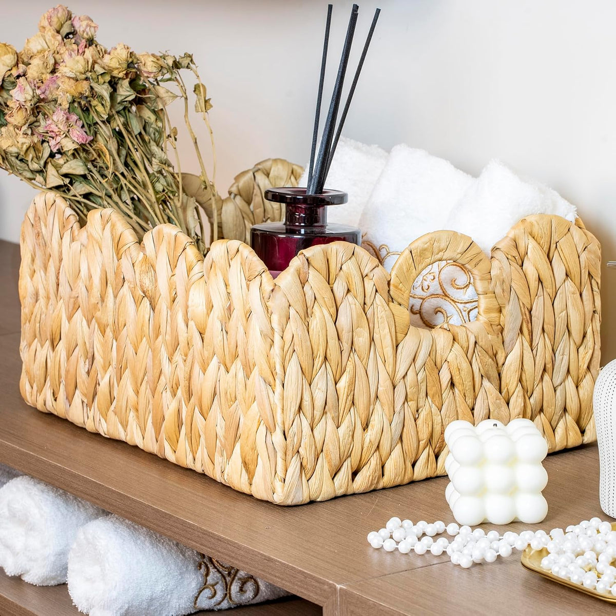 Scalloped Basket Wicker & Rattan Storage Basket with Built-in Handles, Large Woven Water Hyacinth