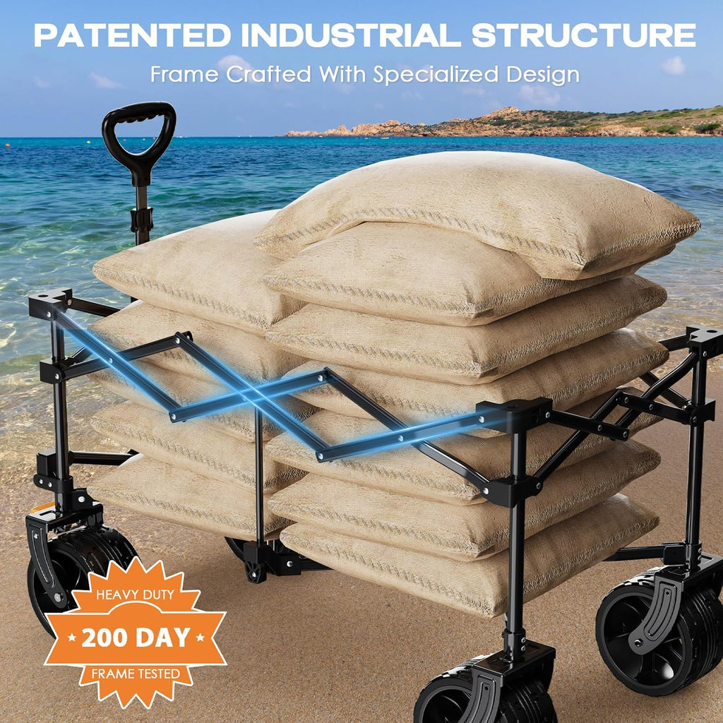 Collapsible Wagon Cart Heavy Duty Foldable, Folding Beach Wagon with Big Wheels for Sand, Utility