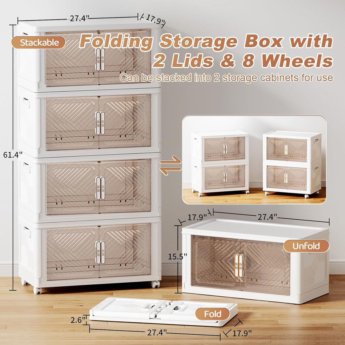 Storage Bins with Lid 120QT, Stackable Storage Containers with Wheels and Magnetic Doors, Plastic