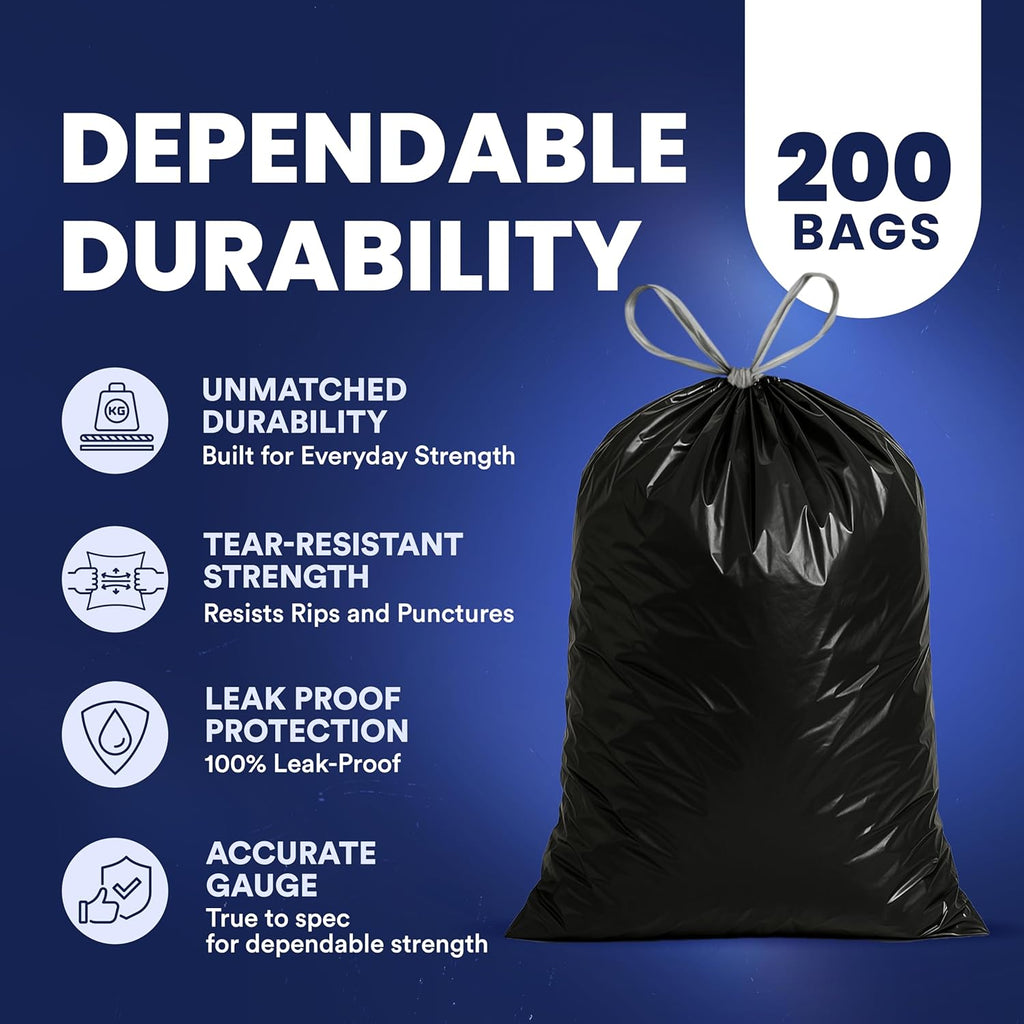 Plasticplace 13 gallon Extra Tall Drawstring Kitchen Trash Bags | Black 1.2 Mil, 24"W x 31"H