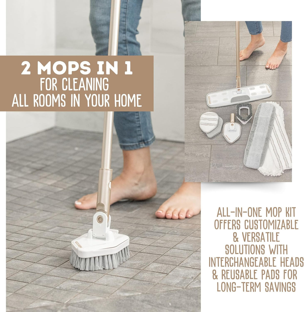 Quick Shine Ultimate Gold Clean + Polish Mop Kit | All-in-One 10 Pc Kit w/Interchangeable
