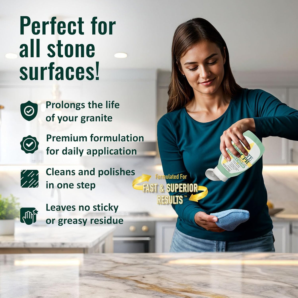 CPR Granite Cleaner Can Be Used Daily On Granite, Marble, Quartz & Corian. Leaves A Gorgeous