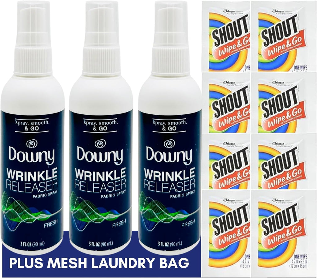 Downy Wrinkle Releaser Spray Travel Size 3 oz (Pack of 3), 8 Shout Wipes Individually Wrapped with