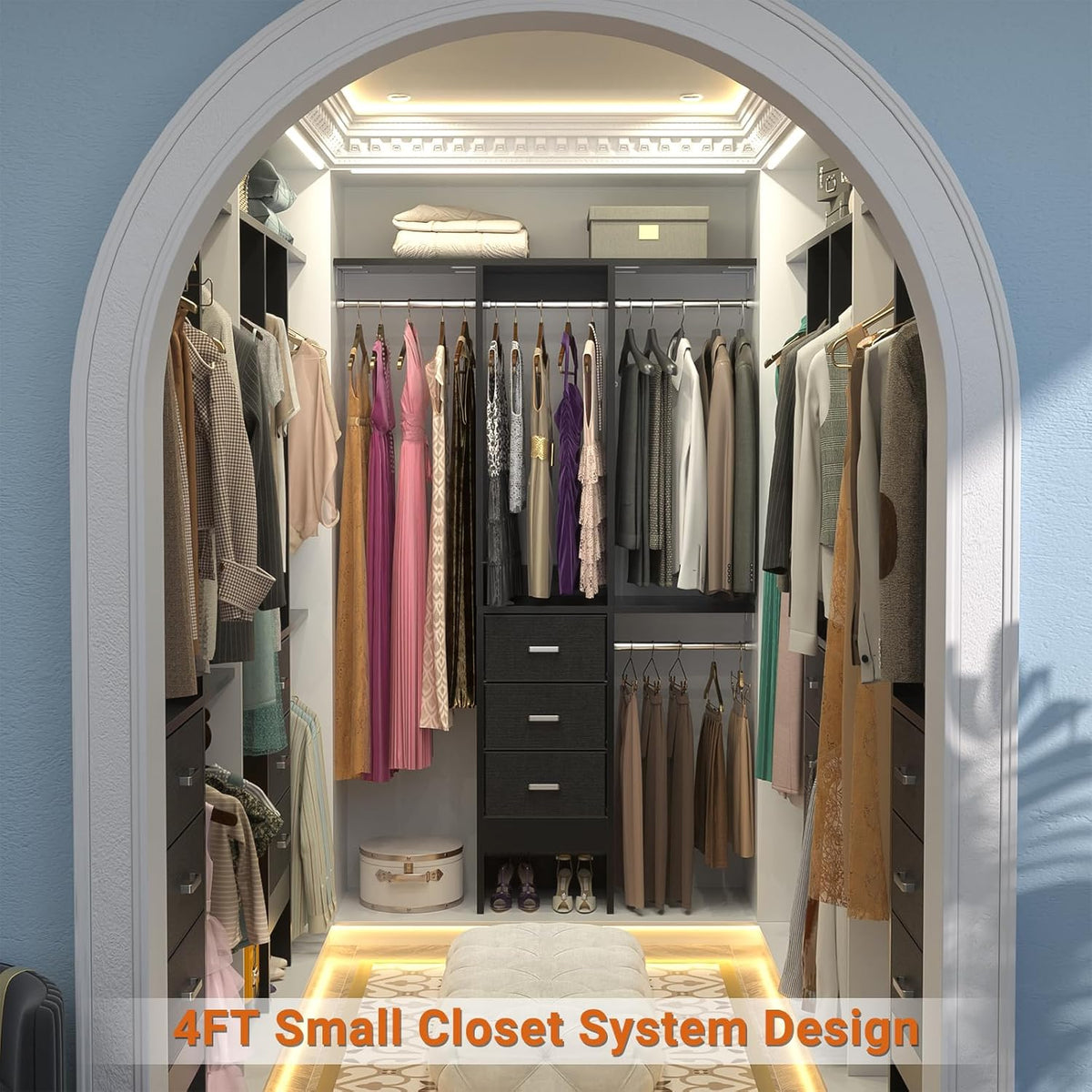 4FT Small Closet System with 3 Fabric Drawers, 48'' Closet Organizer System With 3 Adjustable