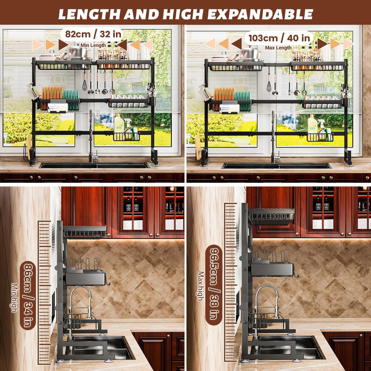 3-Tier Over Sink Dish Draining Rack, Adjustable Width and Height, with Phone Holder, Cup Holder