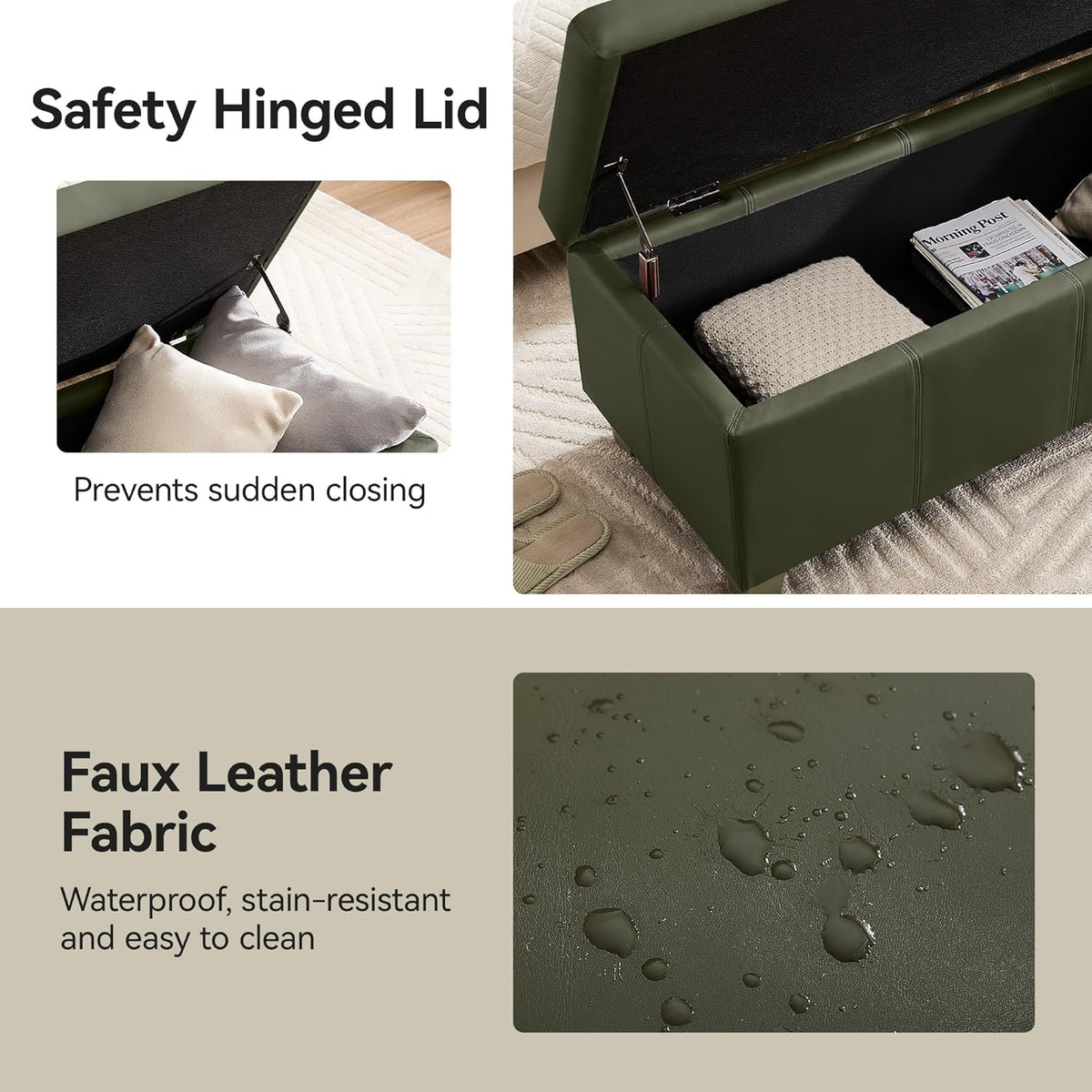 51" Faux Leather Storage Ottoman, Stitch Tufted Rectangle Upholstered End of Bed Storage Bench