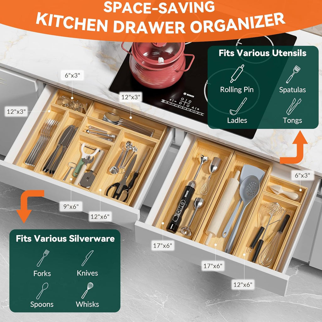 Bamboo Drawer Organizer, Small Silverware Organizer for Kitchen Drawer, Stackable Utensil Tray, 2