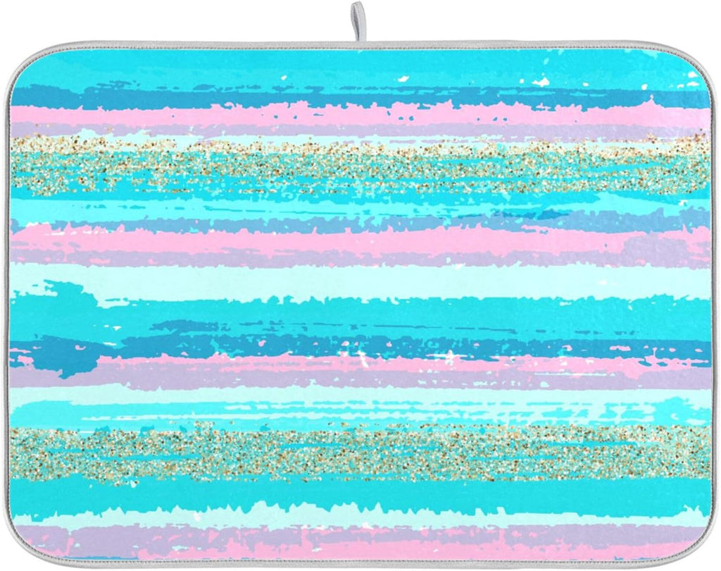 Turquoise Stripe Dish Drying Mat for Kitchen Countertop 18x24 Rectangle Teal Aqua Large Drying Mat