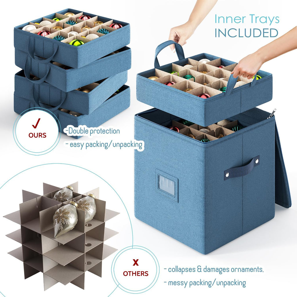 Hearth & Harbor Christmas Ornament Storage Box With 4 Inner Tray Dividers - Non-Woven Ornament
