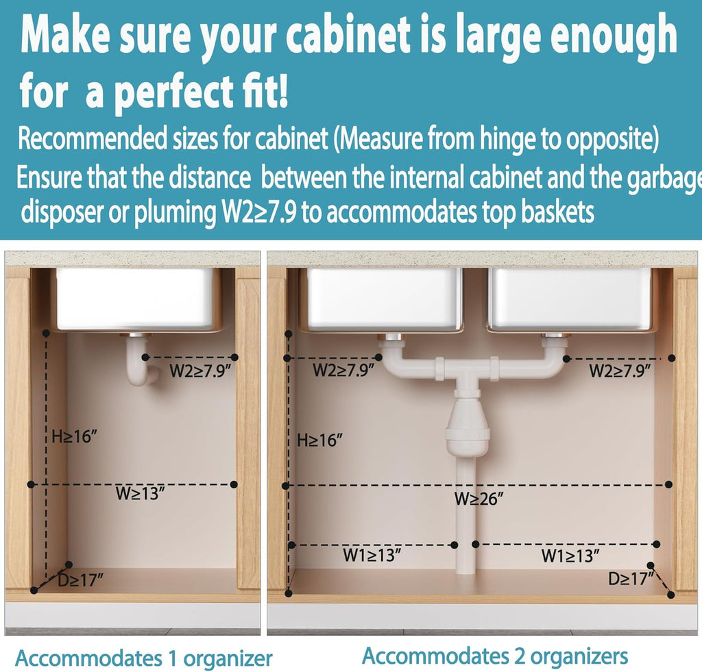 Under Sink Organizer 2 pack, 2 Tier Slide Out Under Sink Organizers And Storage, Height Adjustable