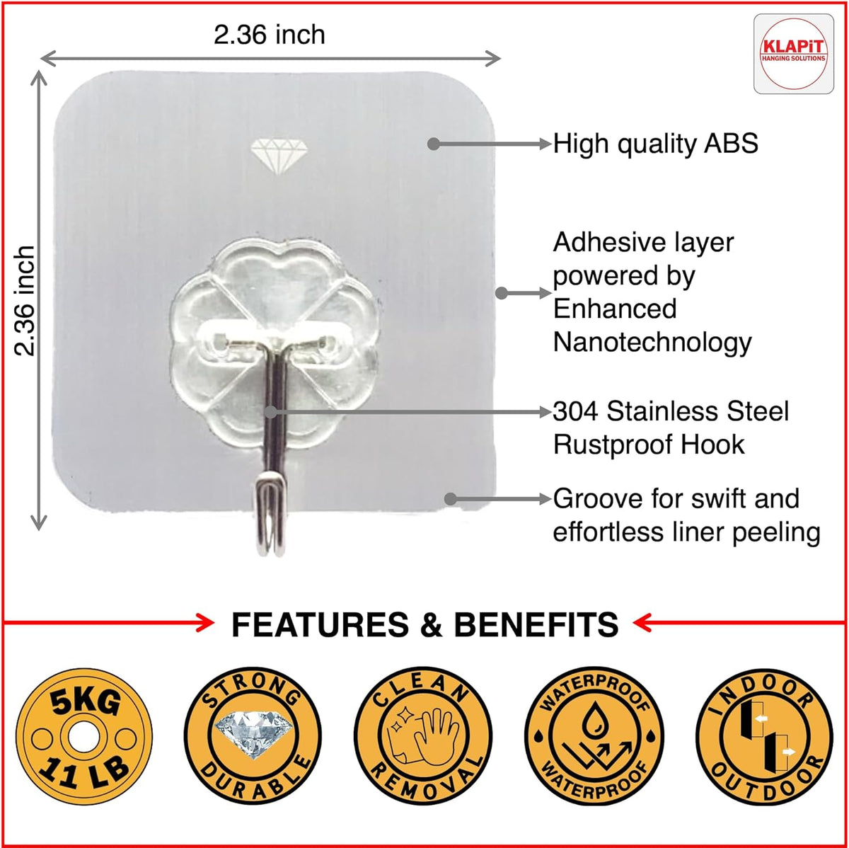 KLAPiT Super Hook - Heavy-Duty Adhesive Clear Wall Hooks, Holds Up to 11 lbs, Waterproof, No