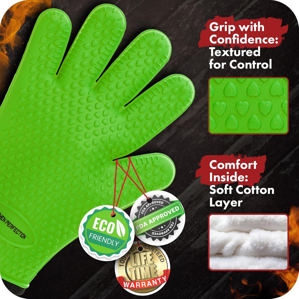 KITCHEN PERFECTION Silicone Smoker Oven Gloves -Extreme Heat Resistant BBQ Gloves-Handle Hot Food