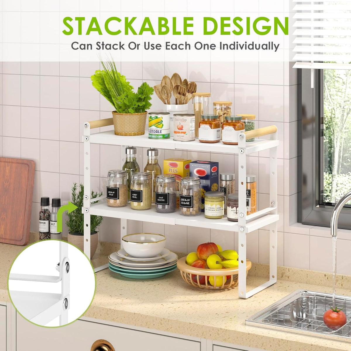 DOLALIKE Expandable kitchen Countertop Organizer, Stackable Cabinet Shelf Organizers, Space Saving
