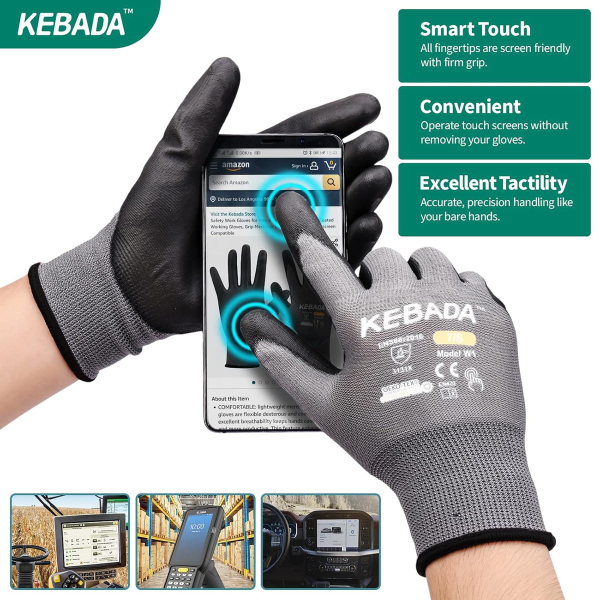 Kebada Safety Work Gloves,120 Pairs Bulk Pack, Touchscreen, PU Coated, Ideal for Warehouse