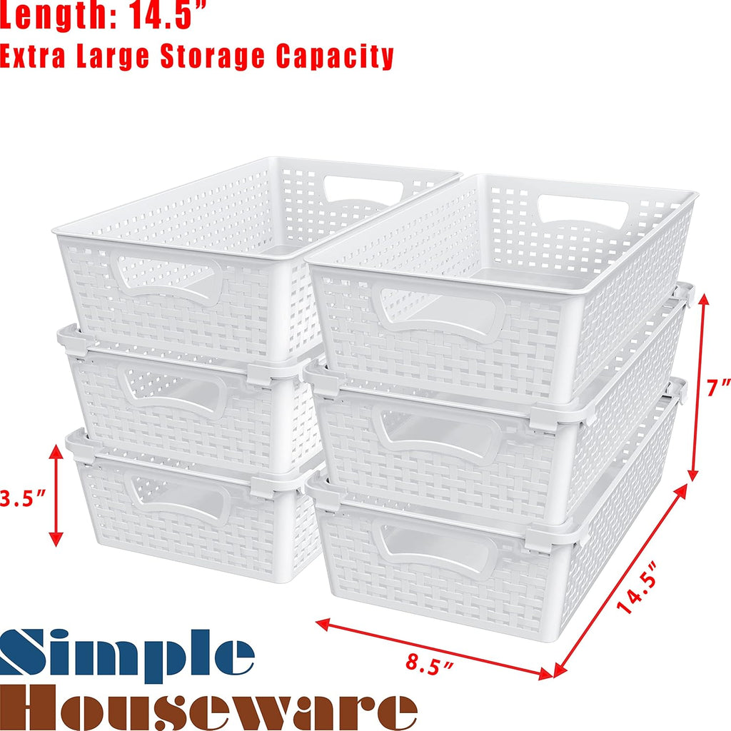 Simple Houseware Plastic Stackable Storage Basket Pantry Organizer, 6 Pack, 14.5" x 8.5" x 3.5"