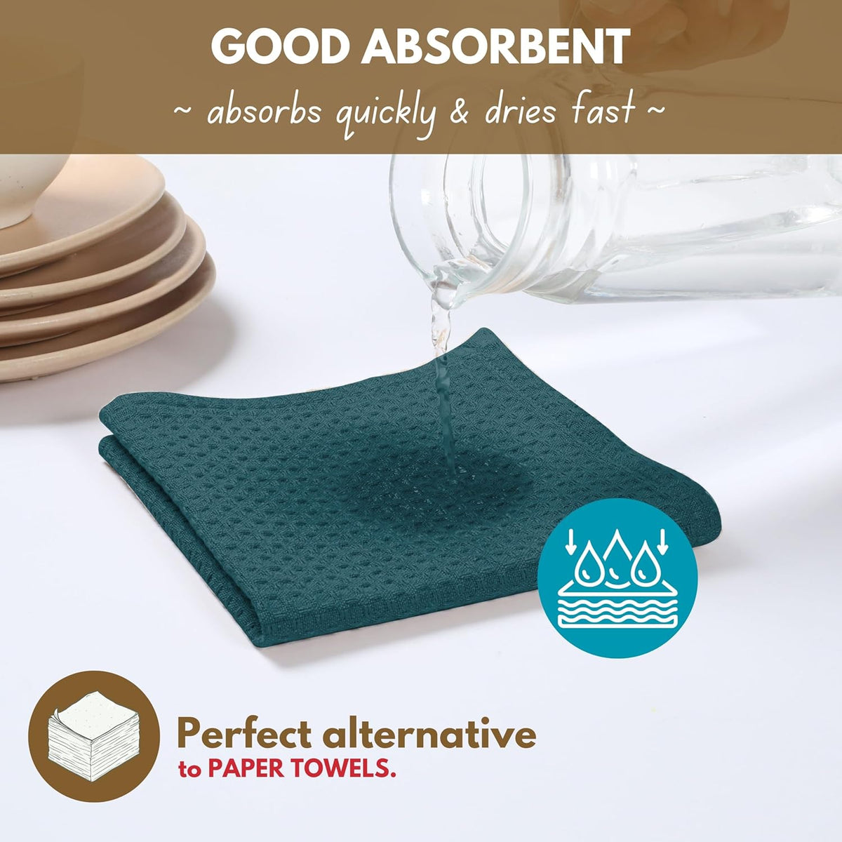 Native Fab Waffle Weave Kitchen Towels, 4 Pack, 16x26 inches, 100% Cotton, Soft & Absorbent Towel