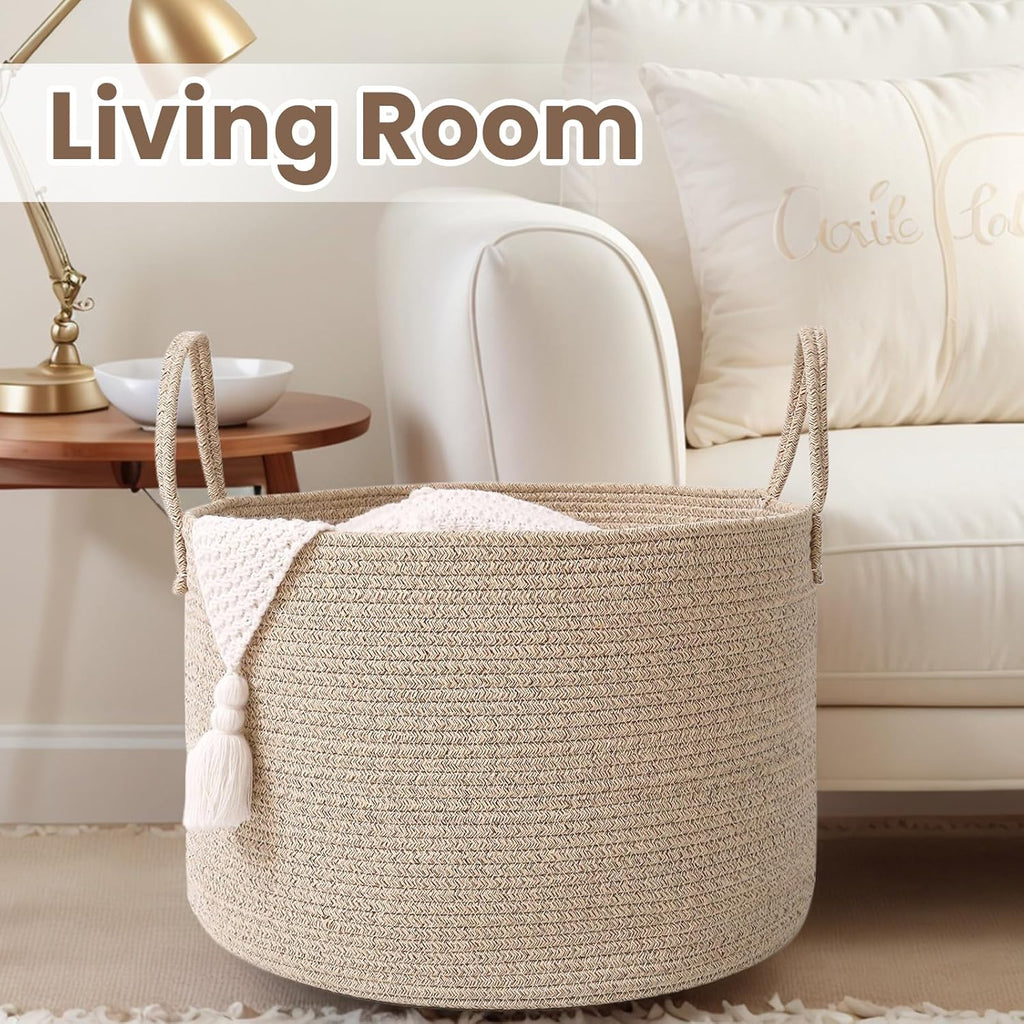 Woven Blanket Basket,65L Large Rope Storage Bin with Handles, Organizer for Blankets Toys Book and