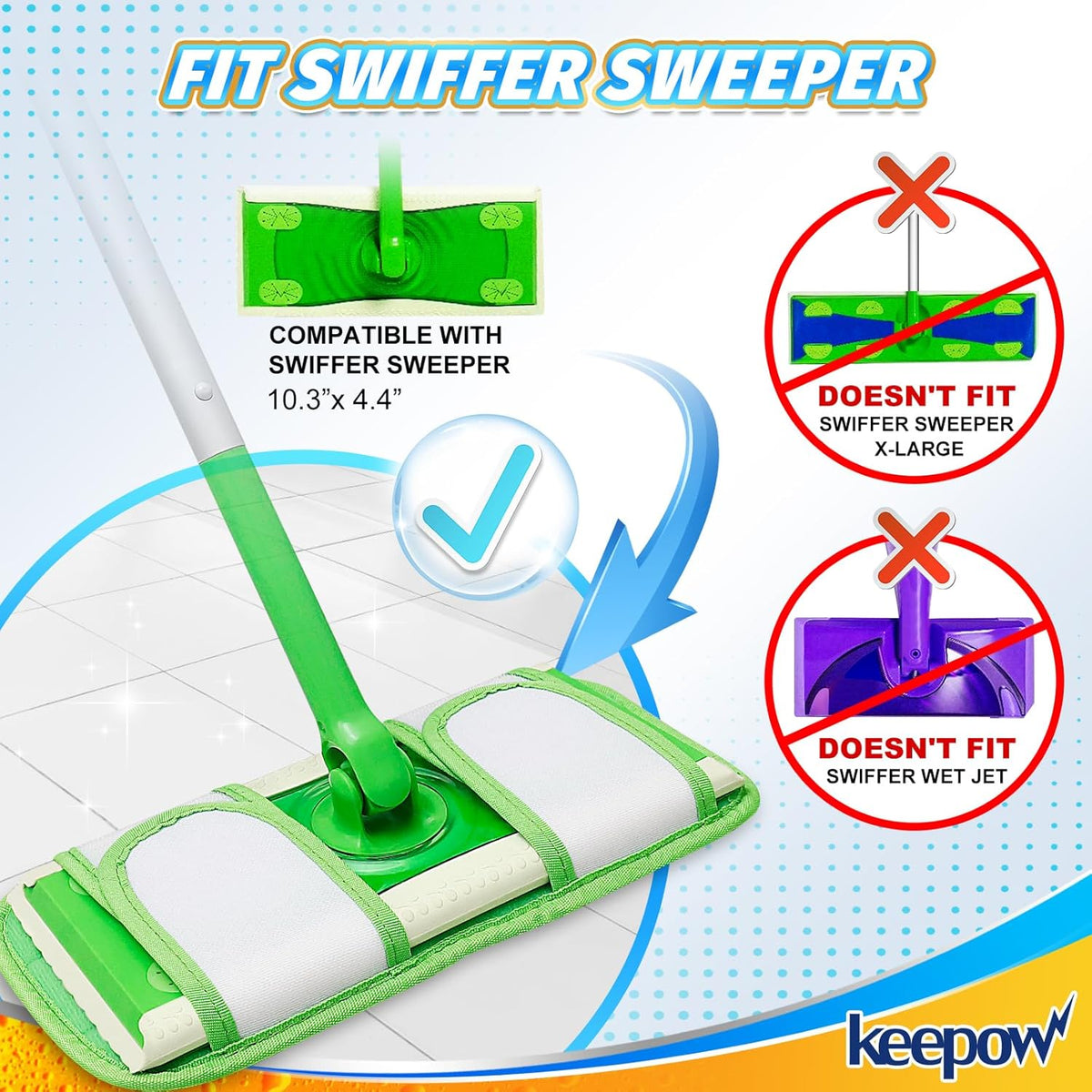 KEEPOW Reusable Mop Pads Compatible with Swiffer Sweeper Mop, Microfiber Dry Sweeping Cloths
