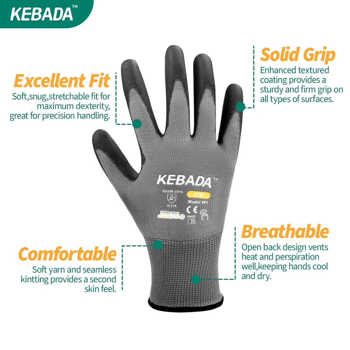 Kebada Safety Work Gloves,120 Pairs Bulk Pack, Touchscreen, PU Coated, Ideal for Warehouse