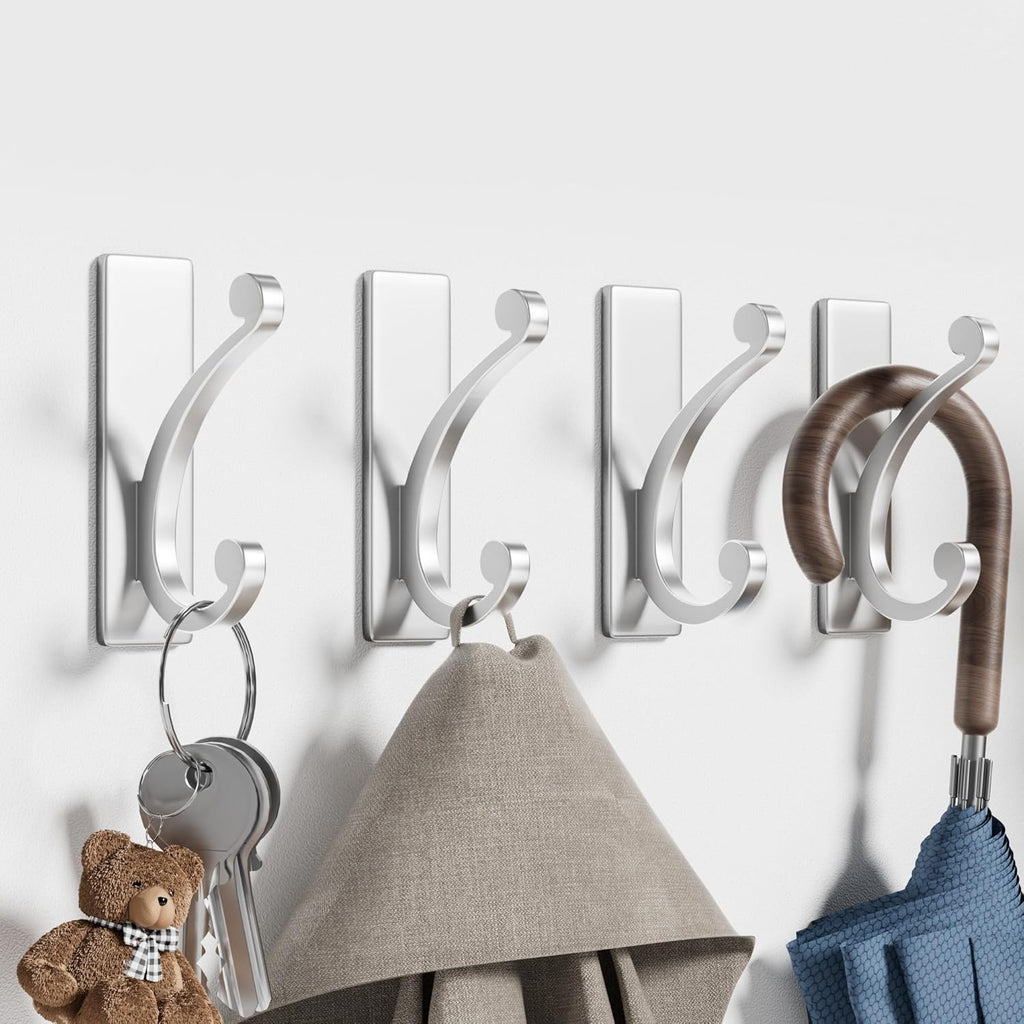 Adhesive Wall Hook for Towel/Coat - Extra Sticky 10LB Stainless, Stick on Hanger for Bath or
