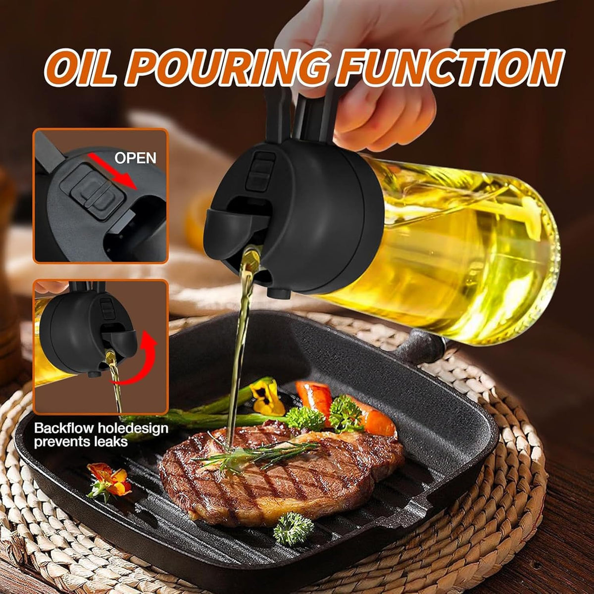 2-in-1 Glass Oil Dispenser & Sprayer - 16oz/470ml Leakproof Bottle for Cooking, Air Fryer, BBQ