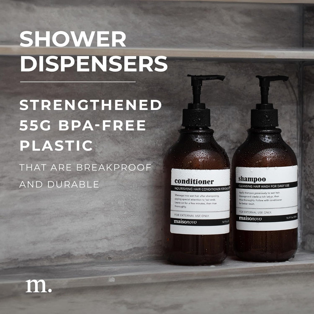 MaisoNovo Refillable Shampoo and Conditioner Bottles | 16.9 fl oz Set of 3 Amber Plastic Bottles