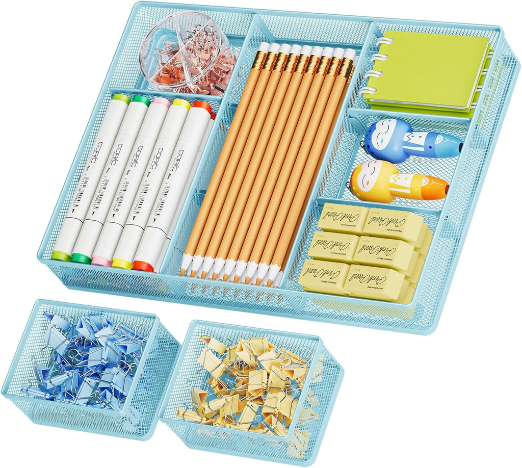 Marbrasse 3 Packs Desk Drawer Organizers, Metal Mesh Dividers with 9 Adjustable Compartments, Pen