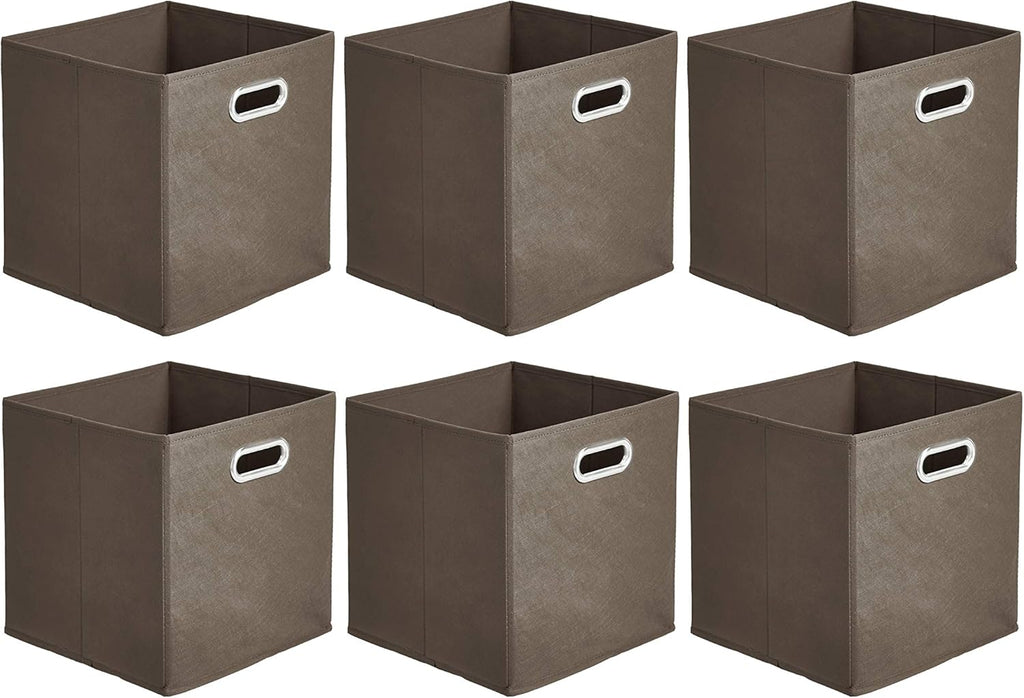 Amazon Basics Collapsible Cube Storage Organizer Bins, 6-Pack, 10.5 x 10.5 x 11 inches, Taupe