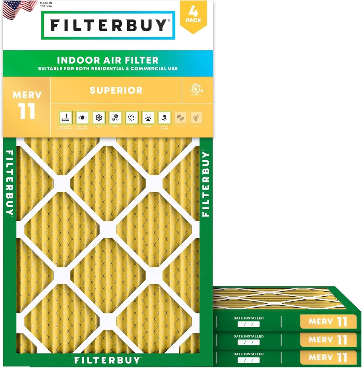 Filterbuy 13x21.5x1 Air Filter MERV 11 (MPR 1200) Allergen Defense Replacement (4-Pack)